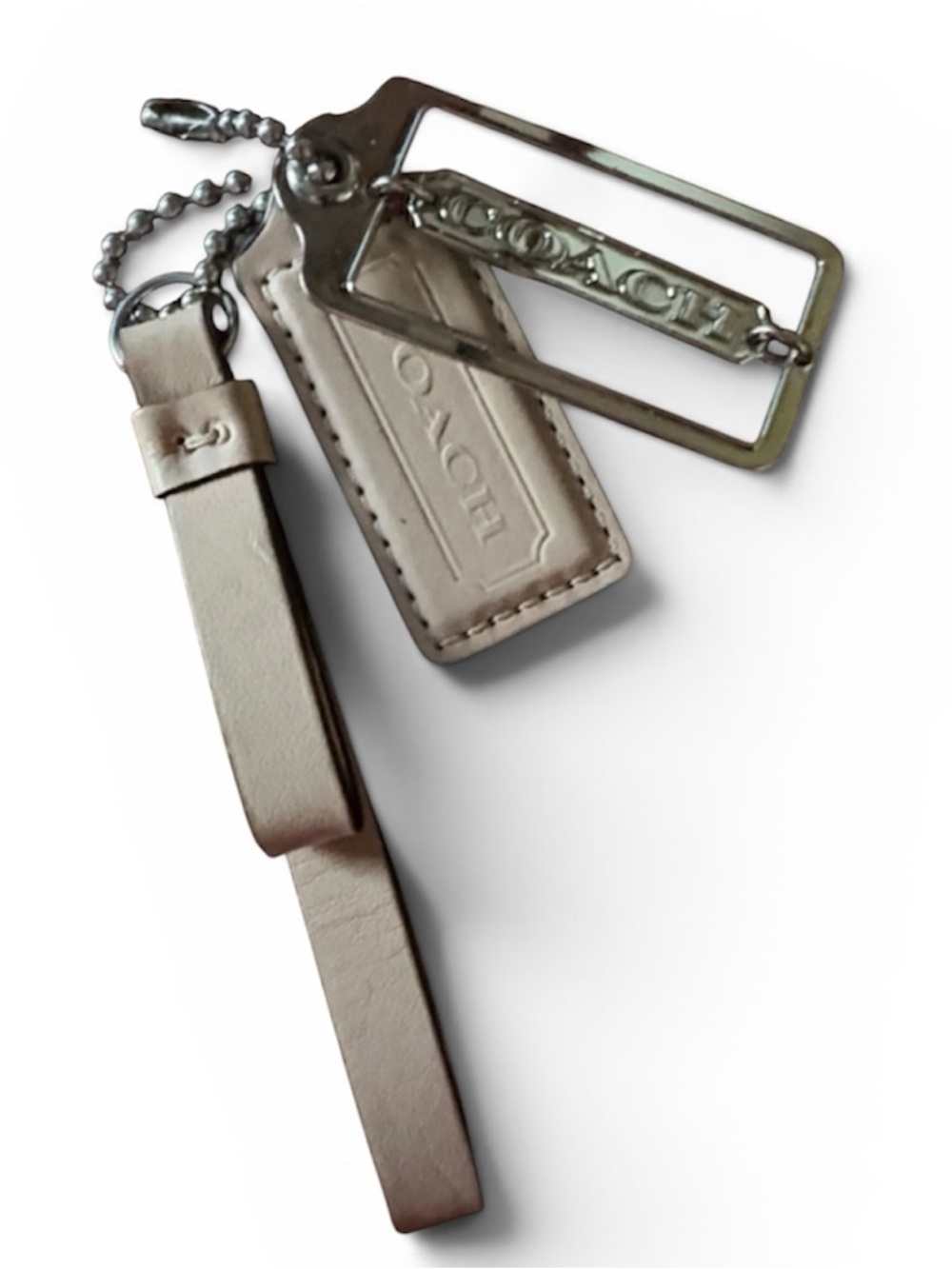 Coach tan Leather Strap Keychain with Silver Tags